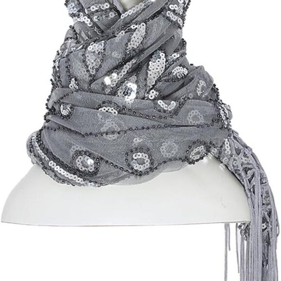 Women's 1920s Scarf Wraps Sequin Deco Fringed Wedding Cape Evening Shawl Vintage - Picture 5 of 6